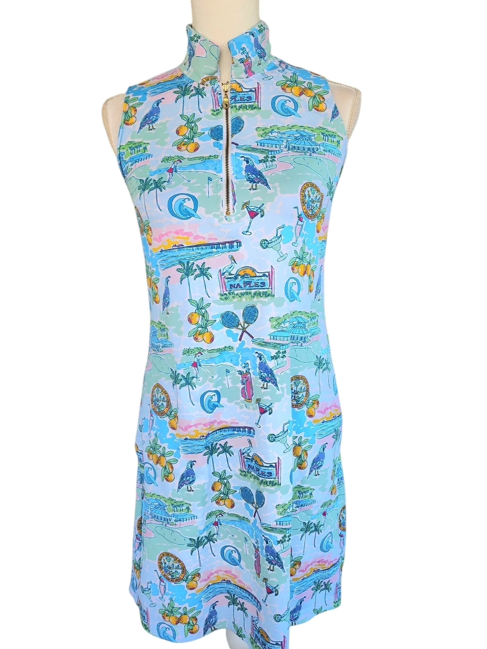Smith & Quinn Sleeveless Light Blue Tropical Print Dress. - Picture 2 of 11